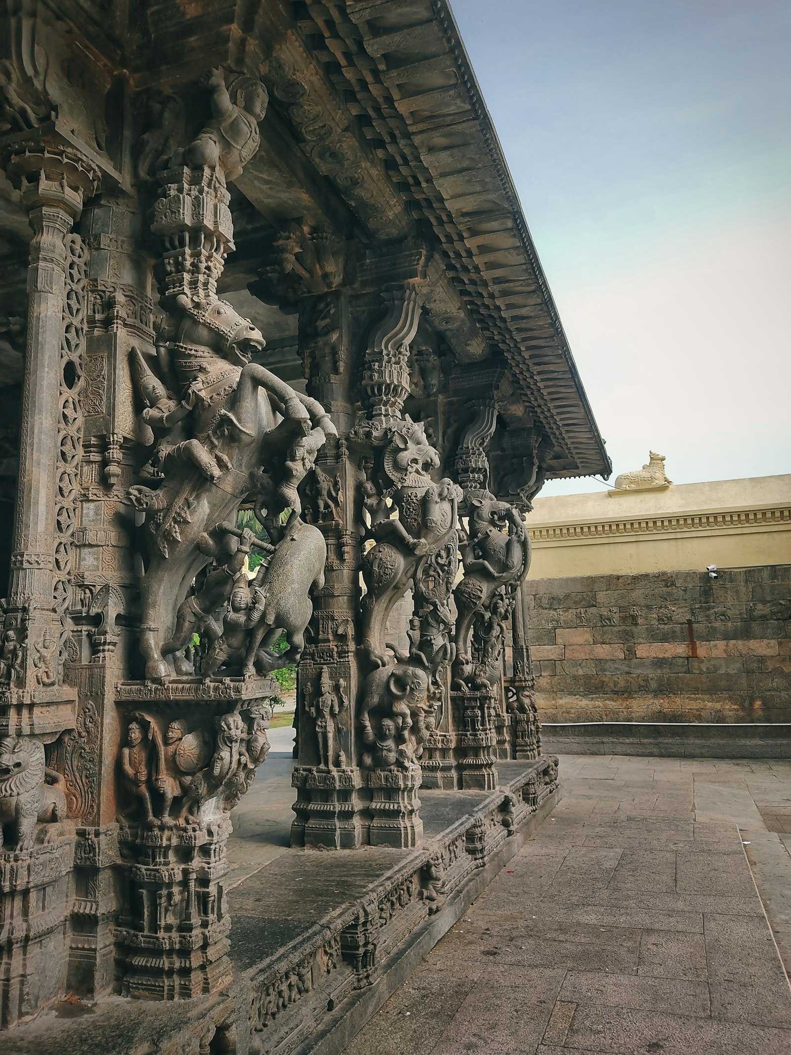 Carved pillars of a classical temple mandapa