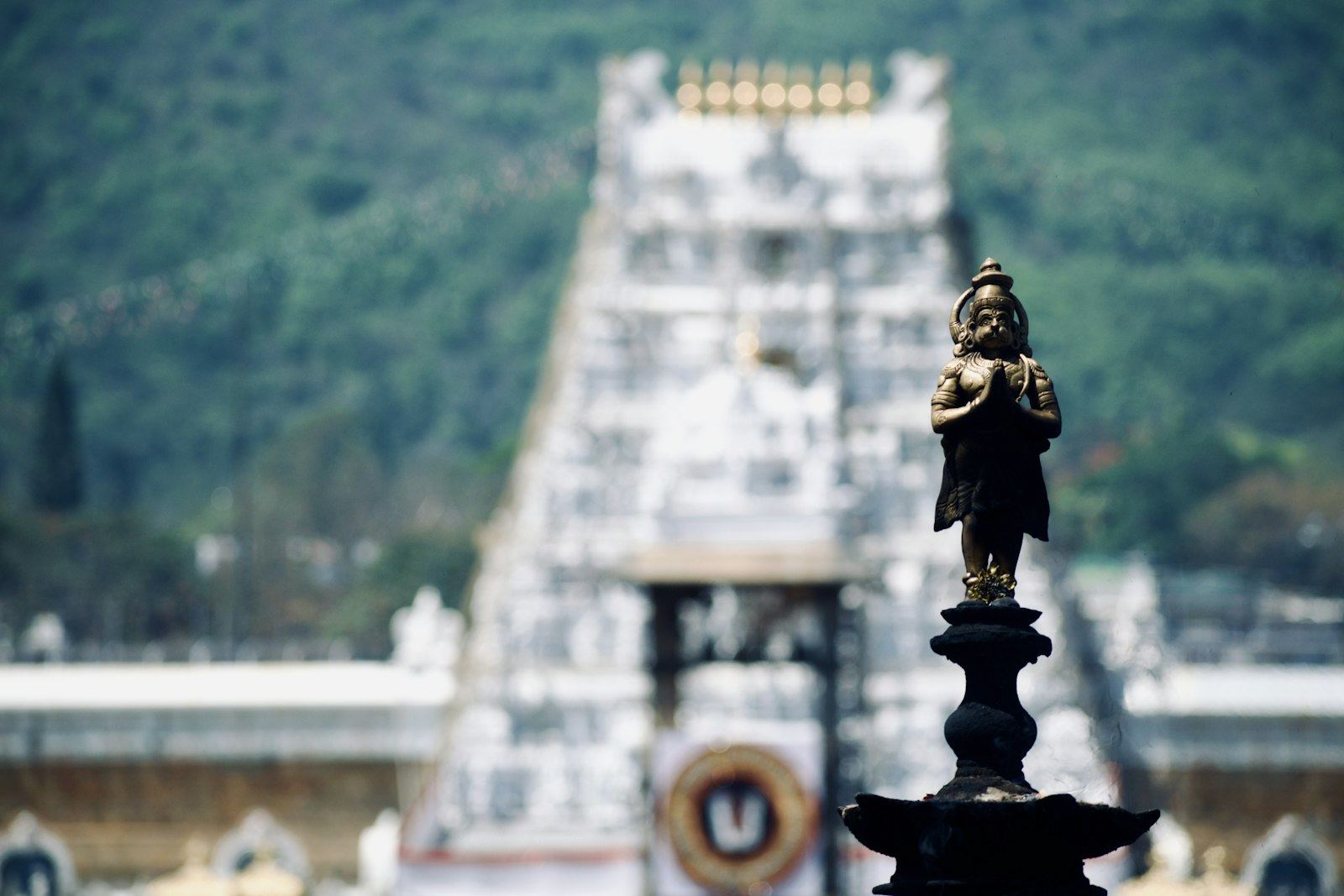 Dark stone statue before a temple gopuram